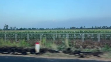 Phu Quoc 'tan Ho Chi Minh City' ye giden hava ve yol manzarası yeşil pirinç tarlalarını küçük köyleri nehirleri ve palmiye ağaçlarını geçerek tropikal manzara seyahatlerini gösteriyor.