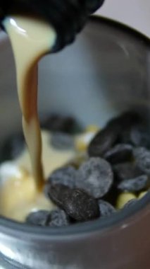 Ev yapımı dondurmayı çam fıstığı, süt likörü, çikolata dilimleri ve gurme tatlı videosu için alkolle hazırlama sürecini kapat..