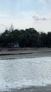 Phu Quoc Adası 'ndaki küçük bir balıkçı köyünde Vietnam tekneleri kıyıya yakın palmiye ağaçları ve günbatımı gökyüzü manzarası ve ahşap evleri olan yerel yaşam videoları..