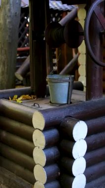 Çiçek açan kaynak ağaçlarının önündeki kırsal ahşap su kuyusu. Yüksek kaliteli FullHD görüntüler