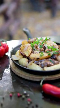 Etli ve patatesli tava. Patates püresi ve mantar soslu lezzetli bir bifteğin yakından görüntüsü. Yüksek kalite 4k görüntü