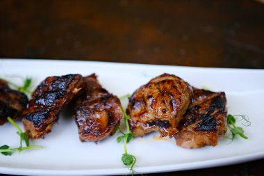 Japon tavuk ızgarası veya yakitori Japon usulü izakaya usulü servis edilir. Yüksek kalite fotoğraf