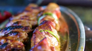 Tavuk şiş kebap, açık hava yemekleri için kızgın közlerin üzerinde ızgara et. Yüksek kalite 4k görüntü