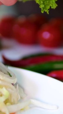 Lahanayı tuzla ve havuçla karıştırıp sonra beyaz tabakta soğanla servis ederek sağlıklı probiyotik ve zengin ev yapımı mayalanmış sebze yemeğini adım adım hazırlamak..