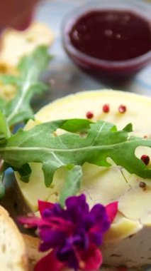 Kırmızı biberler, ezme ve küçük kızarmış ekmekler, mavi tabakta vişne sosu serpiştirilmiş. Yüksek kalite 4k görüntü