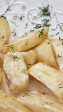 Patatesler taze tereyağlı tereyağlı patates ve üzerine doğranmış dereotu serpiştirilmiş. Erimiş tereyağı ve taze dereotuyla servis edilen Doğu Avrupa patates yemeği. Yüksek kalite 4k görüntü