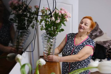 Mutlu gülümseyen yaşlı kadın arka bahçesine çiçek dikmekten zevk alıyor. Bahçıvanlık, sonbahar çiçeği süslemesi yapmak için. Yüksek kalite fotoğraf