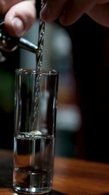 Barmen bardaklara votka dolduruyor. Yüksek kalite 4k görüntü