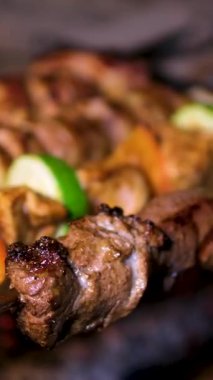 Bahçe bahçesinde ızgara mangal yapan marine edilmiş et şişleri, açık hava yemeği hazırlama süreci, yiyecek kapanışı. Yüksek kalite 4k görüntü