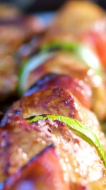 Tavuk şiş kebap, açık hava yemekleri için kızgın közlerin üzerinde ızgara et. Yüksek kalite 4k görüntü