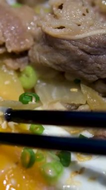 Geleneksel Kore yemekleri: Bibimbap Sıcak taş kasesi, pilav, baharatlı sebze, biftek ve yumurta karışımı. Yüksek kalite 4k görüntü