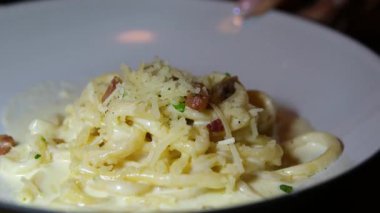 Tavuk, mantar ve parmesan peynirli kremalı Alfredo makarnası. Döndürme video. Yüksek kalite 4k görüntü