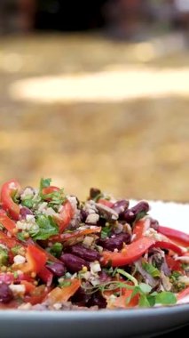 Sonbaharda açık havada kırmızı fasulye salatası. Sağlıklı yiyecekler. Beyaz tabakta taze sebzeler. Yüksek kalite 4k görüntü