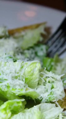 Çatalla Sezar salatası yemek. Tavuk fileto, marul, domates, bıldırcın yumurtası, kızarmış ekmek ve parmesan peynirinden yapılmış sağlıklı bir salata. Yüksek kalite 4k görüntü