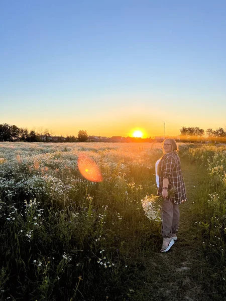 Papatya tarlasında gün batımında yürüyen bir kızın portresi.
