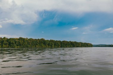 Vaupes nehri ve ağaçlarla Mitu 'da manzara. Mitu, Kolombiya.