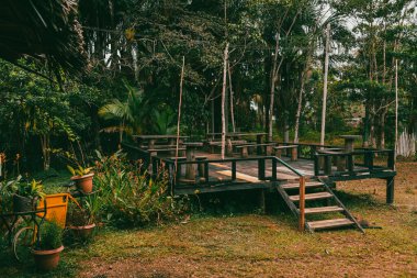 Mitu, Kolombiya 'da ormanın ortasında ahşap bir kulübe..