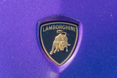 Lamborghini 'nin koyu renkli, parlak yüzey üzerine altın boğa logosu Modern tarz hafif açı kaynağı Kyiv, Ukrayna - 21 Eylül 2025