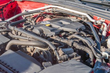 Mazda Miatas motor hangarının yakın çekim görüntüsü, gri ve siyah motor kapağı, radyatör ızgarası, kırmızı hortumlar, mavi kablolar, çapraz kemerler, doğal açık hava Kyiv, Ukrayna - 21 Eylül 2025