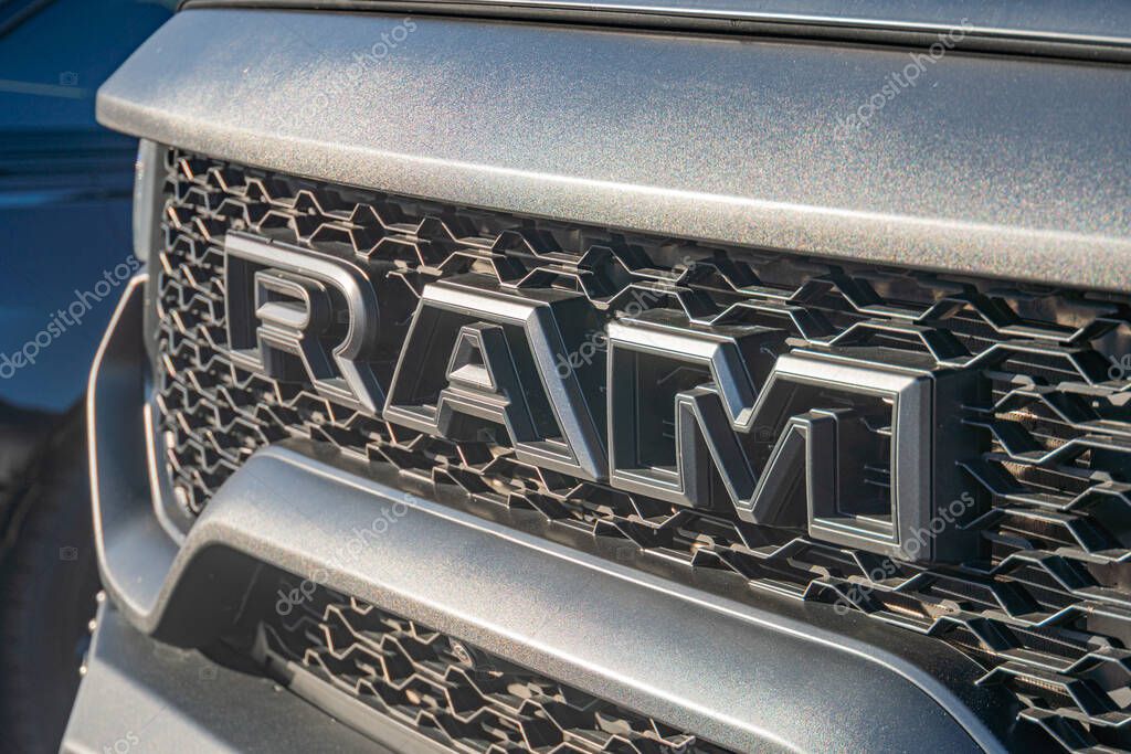 Close-up view of Ram truck grille, distinctive grid pattern, prominently displayed logo, textured metal, professional photograph, focus on clarity and detail Kyiv, Ukraine - September 21, 2025