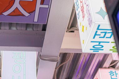 Kyiv, Ukrayna 'daki çeşitli dillerde renkli neon levhalarla karakterize edilen canlı bir Güney Kore caddesinin gece görüşü - 14 Eylül 2025