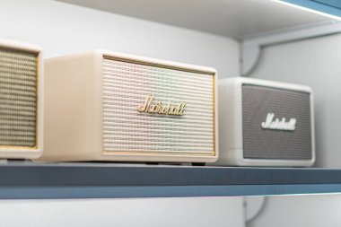 Kyiv, Ukrayna 'daki ses ekipmanlarına odaklanan raflarda antika Marshall ve Fender amplifikatörlerinin koleksiyonu - 14 Eylül 2025