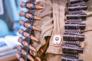 Bir şarjördeki mühimmatın yakın görüntüsü, kovanlar ve görünen ipuçları ile doğrusal mermiler sıralanmış Metalik renk paletinde olası kapak veya kapak