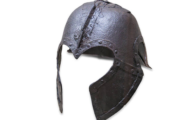 Ancient Greek Corinthian helmet, corroded and tarnished, frontal view with close-up of details, no embellishments or text, even lighting, neutral background