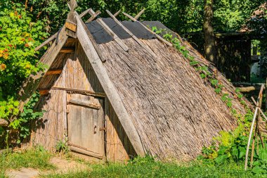 Kırsal alanda kırsal bir sazdan çatı kulübesi. Kulübenin ahşap bir yapısı var. Yaş ve hava durumunu gösteriyor. Çatı samandan yapılmış.