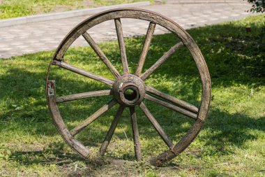 Parkta ya da tarihi bir yerde atılmış ya da muhafaza edilmiş büyük çitleri olan eski ahşap bir tekerlek, doğal gün ışığı altında çimenli bir yüzeyde oturur.