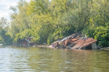 Su basmış ev, konut gemileri, yemyeşil ağaçlar, su altında kalan yapı, sel sonrası önemli su seviyesi yükselmesi, doğal ışıklandırma, ıssız bir yer, canlı kontrast
