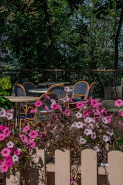 Şehir ortamında sakin bir açık hava yemek alanı, ahşap güverte, mavi hasır sandalyeli dört yuvarlak masa, çardakta pembe çiçekler, tepede yemyeşil ağaçlar, yumuşak doğal ışık, açık hava yemeği, davetiye.
