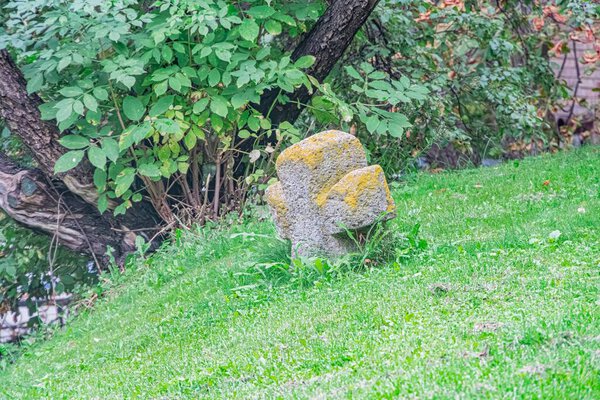 A tranquil outdoor scene, featuring a weathered rock with moss and a short-cut grassy hill under clear skies Taken from an elevated angle in natural light during early morning or