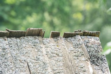 Eski bir Orta Avrupa köyünün yıpranmış, ahşap çatısının yakın çekim görüntüsü.