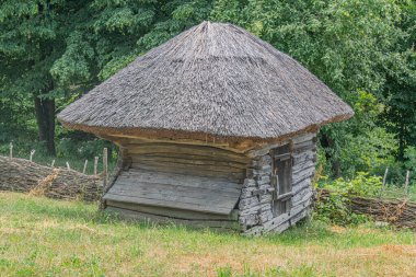 Orta Avrupa 'nın kırsal bir köyünün yüksek manzaralı, eski ahşap sazdan kulübesi, kırsal bir çit, yemyeşil ve bulutlu gökyüzü.