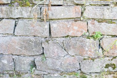 Orta Avrupa 'da bir köy ortamında, yosun büyümesi ve toprak tonlarının değişen tonlarıyla yaşlanmış, düzensiz tuğla bir duvara yakın plan.