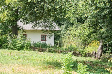 İlkbahar ya da yaz aylarında yemyeşil bir ortamda sazdan yapılmış bir kulübe. Doğal aydınlatma, öğleden sonra geç saatlere kadar açık olduğunu gösteriyor.