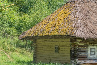 Kırsal, ahşap kulübe, antik, Orta Avrupa, yemyeşil, yatay olarak istiflenmiş kütükler, kırsal cazibe, dik çatı, Mosslichen, iki pencere, havalanma, kirli patika, çimenlik alan uzun shad