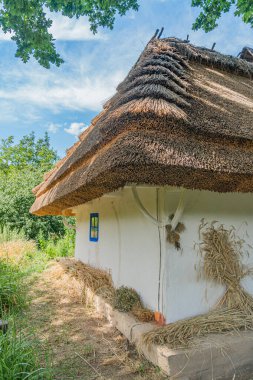 Parlak güneş ışığı altında sazdan çatısı olan, yemyeşil ve açık mavi gökyüzüne karşı kurulmuş eski Orta Avrupa kırsal yapısına sahip bina, ahşap kirişli sağlam bir taş veya beton tabana sahip.