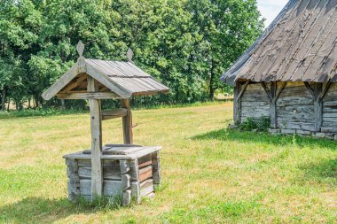 Antik Orta Avrupa köyü, iki ahşap yapı, büyük bir odun ocağı ve daha küçük bir kulübe ile doğal gün ışığı altında çimenli bir zeminde, kırsal cazibe ve gerçekçi bir stile sahip.