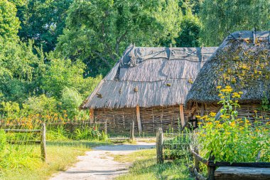 Antik Orta Avrupa köyü, toplu geleneksel evler sivri çatılar, yemyeşil yeşillikler, canlı yeşillikler, iyi bakımlı bahçeler, toprak renkleri, berrak mavi gökyüzü, sakin bir atmosfer, güneşli bir gün,