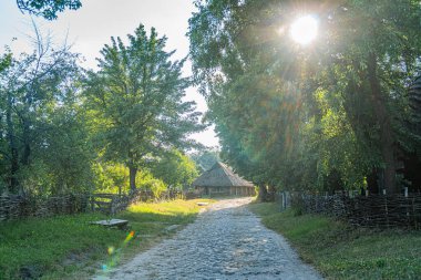 Orta Avrupa 'da eski bir köyün çakıl yolunun alt açısı, yemyeşil ağaçlar, olası meyve bahçeleri, ahşap çitler, özel mülk sınırları, saman çatılı kırsal bina, geleneksel ahır.