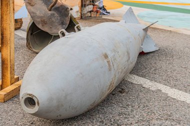 Yan tarafında büyük, desenli, metalik bomba benzeri bir nesne, kısmen yeşillik ya da yaprak ile örtülmüş, soluk renk paleti gerçekçiliğine odaklanmış, hafif şekilli ve gerçekçi bir ışıklandırma.