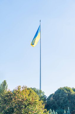 Merkezi bir bayrak direği, açık mavi gökyüzünün altındaki yemyeşil ağaçların arasında dikiliyor. Biri sarı ve mavi çizgili iki bayrak, diğeri ise kırmızı ve mavi aksanlı.