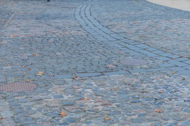 Eski, yıpranmış tuğla bir patikanın yakın görüntüsü. Düşen yapraklarla birlikte, görünmeyen bir hedefe doğru kıvrılıyor. Doğal ışıklandırmalı gerçekçi bir fotoğraf.