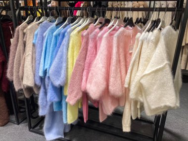 Kyiv, Ukrayna 07-31-2025 tarihli bir giyim sergisinde pastel renkli pofuduk ceketler, tel askıların üzerindeki paltolar ve tarafsız bir arkaplan görüntüsü