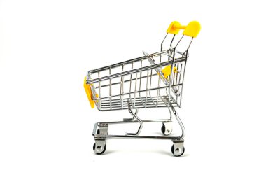 Işık yüzeyinde izole edilmiş kırmızı el arabası, minimalist tasarım, sarı saplar, güvenlik tamponları, dört teker, alışveriş konsepti, çevrimiçi satış, e-ticaret, reklam ikonu