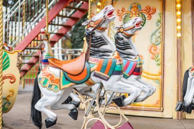 Renkli iki atlı karınca, biri beyaz ve çizgili, diğeri gri-kahverengi renkli başlıklı, Ukrayna 'nın başkenti Kyiv' de görülebilen bir at - 25 Ekim 2025