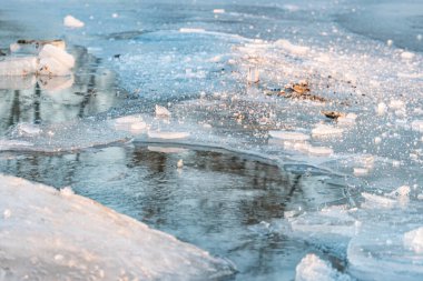 Düzensiz buz parçalarıyla donmuş nehir, mavi renk paleti, pürüzlü yüzeyler, arka planda uzun ağaçlar, bulutlu gökyüzü, uçsuz bucaksız manzara, gerçekçi tarz, dengeli kompozisyon