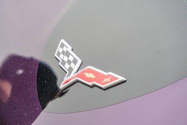 Hareket halindeki bir aracın yarış ambleminin yakın çekimi, kareli bayrak ve birleşik kalkan sembolü Kyiv, Ukrayna 10-12-2024